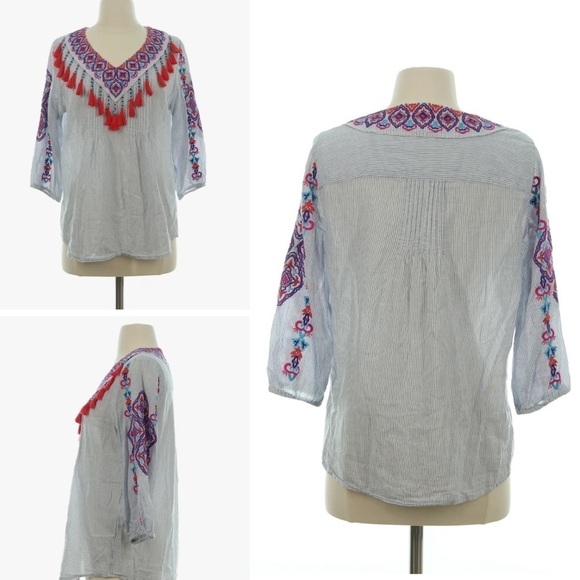 Chico's Women's Blue Embroidered Bohemian Tassel Blouse Top - Size Small - Picture 1 of 8